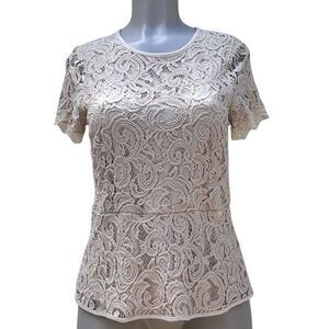 NWOT Adrianna Papell Peplum Blouse Womens Medium Cream Guipure Lace Short Sleeve